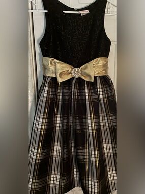 bloome Black & Gold Plaid Party Dress with Metallic Bow size 14 elegant girls